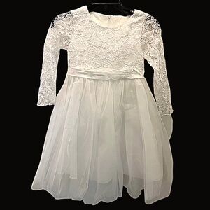 White Flower Girl Dress with Long Lace Sleeves and Tulle Skirt